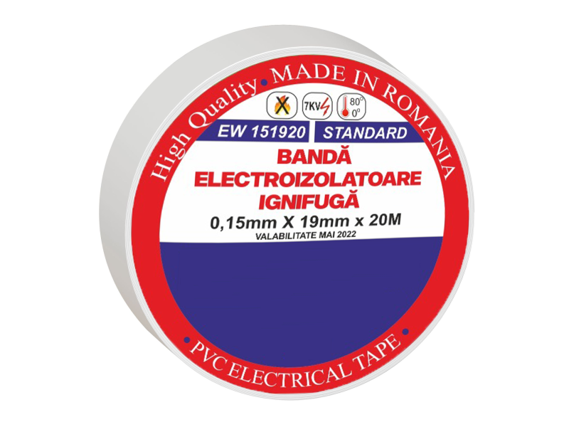 Banda electroizolatoare PVC ignifuga alba, 0.15mm x 19mm, 20 m lungime, culori la alegere Banda electroizolatoare PVC ignifuga alba, 0.15mm x 19mm, 20 m lungime, culori la alegere
