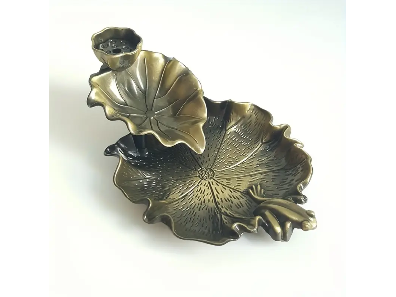 Arzator tamaie tip lotus, VeliumCraft, 12x5, design floare cu broasca, textura bronz, metal