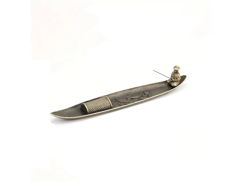 Statuie decorativa, VeliumCraft, 21x3x3.2 cm, Pescar in barca pe, cu functie de arzator bete parfumate, pentru meditatie si relaxare, regenerare spirituala, metal