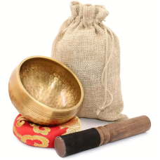 Set Bol tibetan cantator prelucrat manual, VeliumCraft, originar Himalaya, percutor 2 capete, din lemn si piele, perna cusuta manual, pentru purificare spirituala si meditatie, rosu