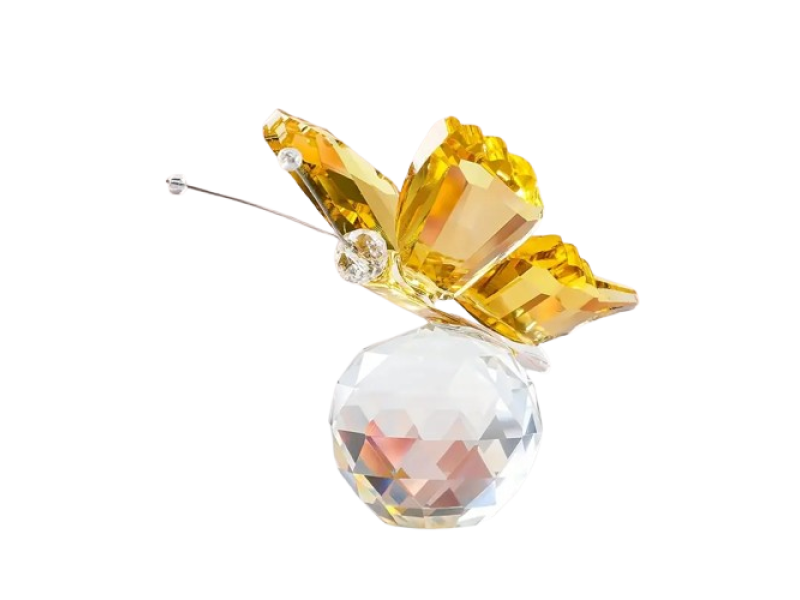 Fluture de cristal, VeliumCraft, 8x6x5 cm, cu propaga lumina cu efect vitraliu, pentru relaxare si meditatie, galben