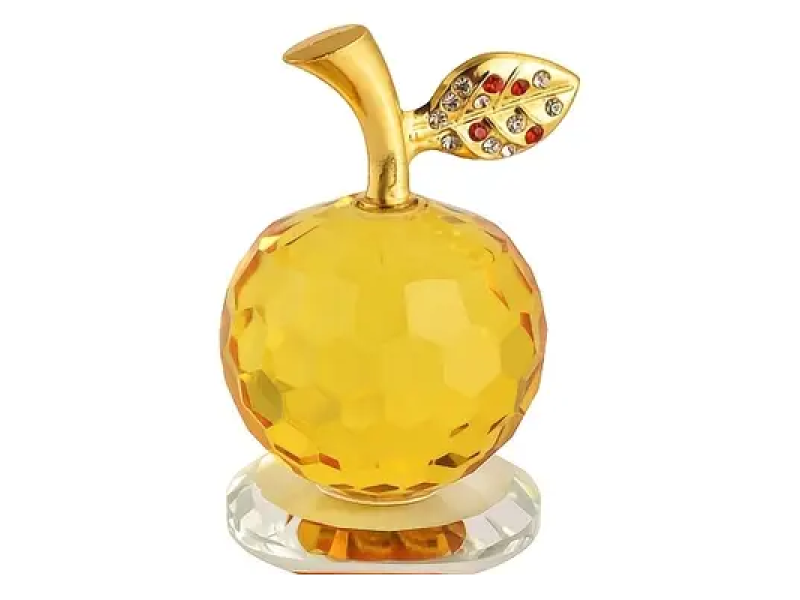 Mar de cristal decorativ, VeliumCraft, aspect elegant cu frunzulita si codita aurie, 6.5x4 cm, si mini cristale, galben