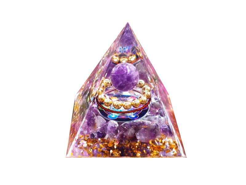 Piramida orgonica, ametist si obsidian, VeliumCraft, 5x5cm, generatoare de energie, cu cristale vindecatoare si pietre naturale, pentru protectie, armonie, zen si conectare, modele unicate, purple gold moon