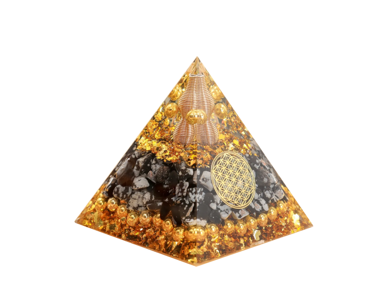 Piramida orgonica obsidian si foita de aur, VeliumCraft, 5x5 cm, generatoare de energie, cu cristale vindecatoare si pietre naturale, pentru meditatie si zen, modele unicate gold si negru