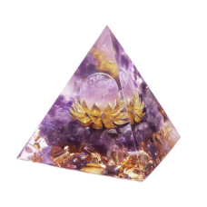 Piramida orgonica obsidian si lotus cu foita de aur VeliumCraft, 5x5 cm, generatoare de energie, cu cristale vindecatoare si pietre naturale, pentru meditatie si energie pozitiva, model unicat, modele unicate violet si gold