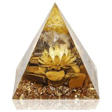 Piramida orgonica Ochiul Tigrului si fota de aur lotus, VeliumCraft, 5x5 cm, generatoare de energie, cu cristale vindecatoare si pietre naturale, pentru meditatie, protectie si energie pozitiva, golden deschis