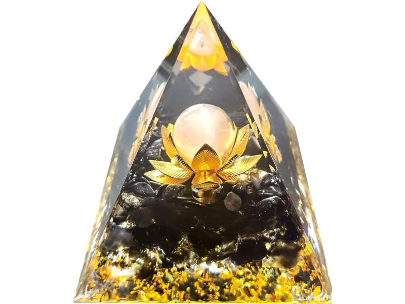 Piramida orgonica Quartz cu foita de aur lotus VeliumCraft, 5x5 cm, generatoare de energie, cu cristale vindecatoare si pietre naturale, pentru meditatie, protectie si energie pozitiva, negru si auriu