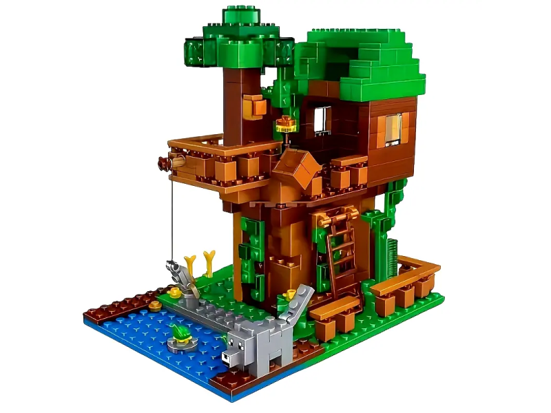 Set de constructie, VeliumCraft, 380 piese, casuta din copac 11x9x6.5 cm, compatibil minecraft