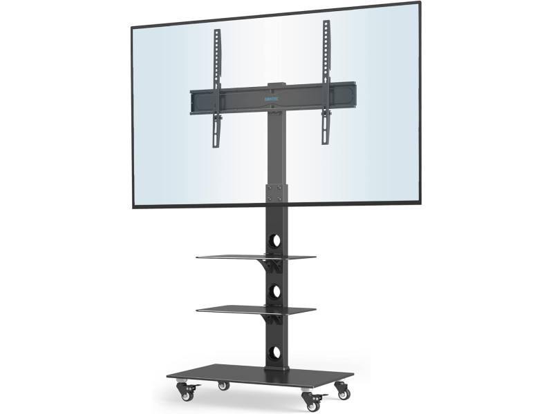 Stand TV tip sevalet, Bontec, mobil, pentru ecrane cu diagonala 30-70 inch (76.2-177.8 cm), rotativ, inaltime ajustabila, 40 kg max, 3 polite, sticla securizate si otel inox