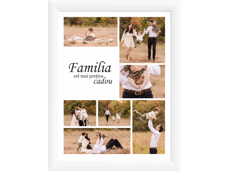 Tablou Canvas Personalizat tip colaj, VeliumCraft, 40x30 cm, personalizabil 90%, rama textura lemn, alba, necesita 7 imagini