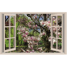 Tablou Canvas, Magnolie inflorita la fereastra, 80 x 60 cm, Rama lemn, Multicolor