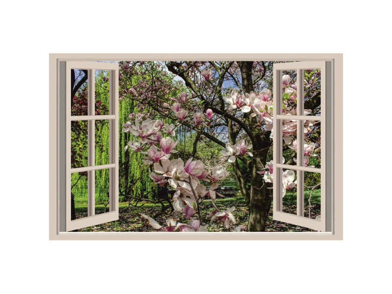Tablou Canvas, Magnolie inflorita la fereastra, 90 x 60 cm, Rama lemn, Multicolor