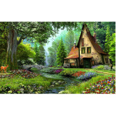 Tablou Canvas, Padure, Casuta, Flori, Caprioara, 70 x 50 cm, Rama lemn, Multicolor