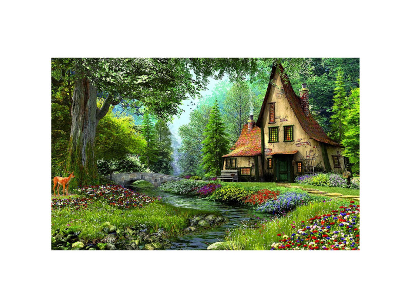 Tablou Canvas, Padure, Casuta, Flori, Caprioara, 70 x 50 cm, Rama lemn, Multicolor