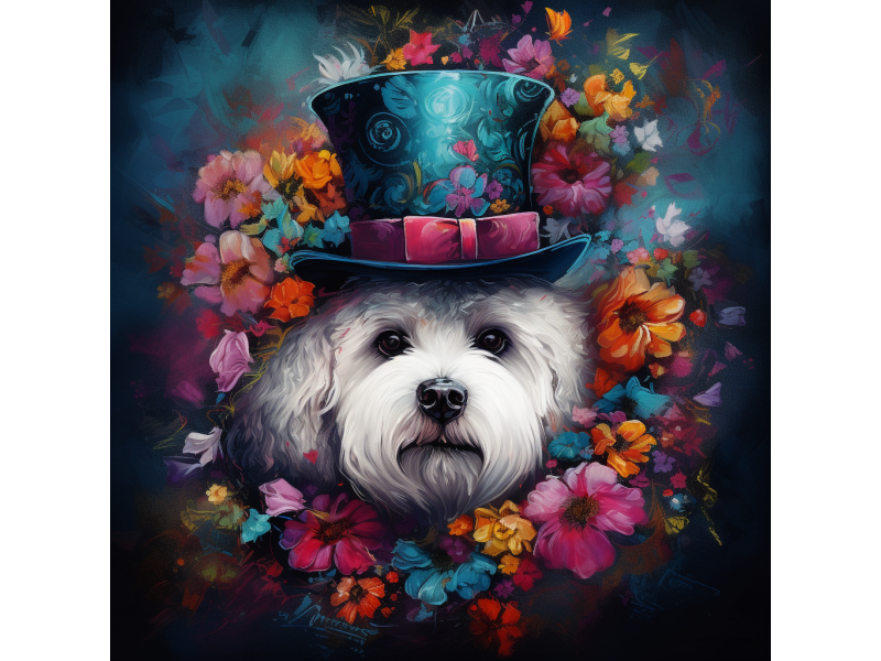 Tablou Canvas living, dormitor, Catel cu personalitate 2, bichon, animale, flori, natura, 45 x 45 cm Tablou Canvas living, dormitor, Catel cu personalitate 2, bichon, animale, flori, natura, 45 x 45 cm