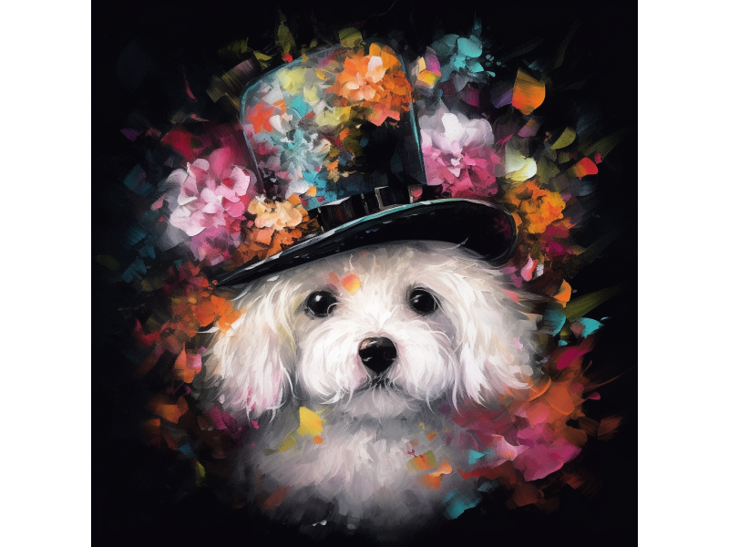 Tablou Canvas living, dormitor, Catel cu personalitate 3, bichon, animale, flori, natura, 45 x 45 cm