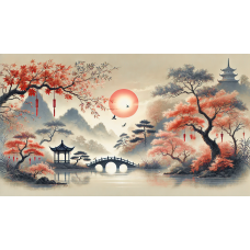 Tablou Canvas living, Peisaj in Japonia, orizont, pasari munti, lac, padure, flori, natura 90 x 50 cm