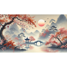 Tablou Canvas living, Peisaj in Japonia, ceata, pasari munti, lac, padure, flori, natura 90 x 50 cm