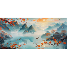 Tablou Canvas living, Peisaj in Japonia, ceata, pasari munti, lac, padure, flori, natura 90 x 40 cm