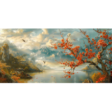 Tablou Canvas living, Peisaj in Japonia, pasari munti, dimineata pe lac, padure, flori, natura 90 x 40 cm