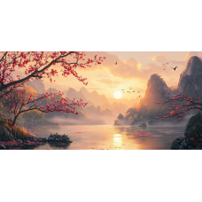 Tablou Canvas living, Peisaj in Japonia, pasari munti, rasarit pe lac, padure, flori, natura 90 x 40 cm