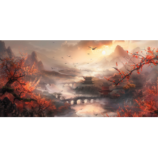 Tablou Canvas living, Peisaj in Japonia, pasari munti, rasarit, cetate, padure, flori, natura 90 x 40 cm