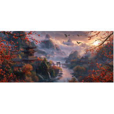 Tablou Canvas living, Peisaj in Japonia, pasari munti, rasarit, cetate, ceata, padure, flori, natura 90 x 40 cm