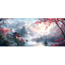 Tablou Canvas living, Peisaj in Japonia, pasari munti, rasarit, orasel, padure, flori, natura 90 x 40 cm