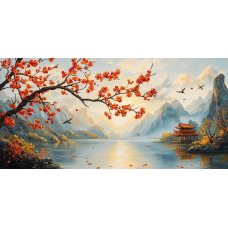 Tablou Canvas living, Peisaj in Japonia, pasari munti, rasarit, zen, padure, flori, natura 90 x 40 cm