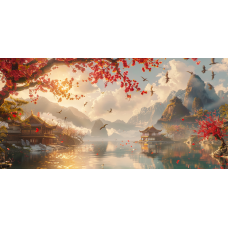 Tablou Canvas living, Peisaj in Japonia, pasari munti, rasarit, zen, oras, barca, padure, flori, natura 90 x 40 cm