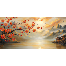 Tablou Canvas living, Peisaj in Japonia, pasari munti, rasarit, zen, dimineata, barca, padure, flori, natura 90 x 40 cm