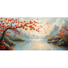 Tablou Canvas living, Peisaj in Japonia, pasari munti, rasarit, zen, templu, barca, padure, flori, natura 90 x 40 cm