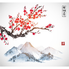 Tablou Canvas living, Peisaj in Japonia, munti, rasarit, Arta Japoneza, natura 60 x 60 cm