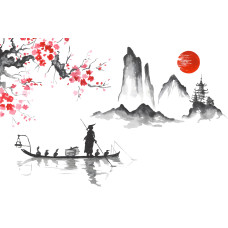 Tablou Canvas living, Peisaj in Japonia, munti, lac rasarit, Arta Japoneza, natura 80 x 50 cm