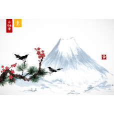 Tablou Canvas living, Peisaj in Japonia, munti, pasari, lac rasarit, Arta Japoneza, natura 80 x 50 cm