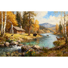 Tablou Canvas Cabana ideala 34, 80 x 50 cm, natura, peisaj, stil pictura, sasiu de lemn, panza de bumbac 90%, agatatoare invizibila
