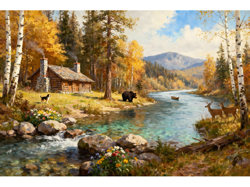 Tablou Canvas Cabana ideala 34, 80 x 50 cm, natura, peisaj, stil pictura, sasiu de lemn, panza de bumbac 90%, agatatoare invizibila