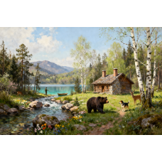 Tablou Canvas Cabana ideala 36, 80 x 50 cm, natura, peisaj, stil pictura, sasiu de lemn, panza de bumbac 90%, agatatoare invizibila