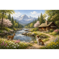 Tablou Canvas Cabana ideala 37, 80 x 50 cm, natura, peisaj, stil pictura, sasiu de lemn, panza de bumbac 90%, agatatoare invizibila