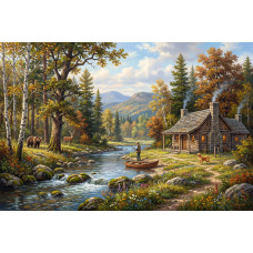 Tablou Canvas Cabana ideala 38, 80 x 50 cm, natura, peisaj, stil pictura, sasiu de lemn, panza de bumbac 90%, agatatoare invizibila