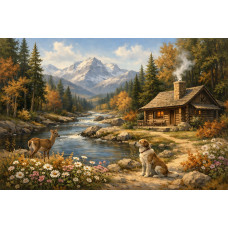 Tablou Canvas Cabana ideala 39, 60 x 40 cm, natura, peisaj, stil pictura, sasiu de lemn, panza de bumbac 90%, agatatoare invizibila