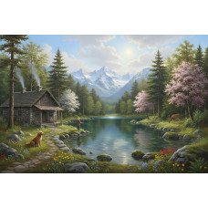 Tablou Canvas Cabana ideala 43, 80 x 60 cm, natura, peisaj, stil pictura, sasiu de lemn, panza de bumbac 90%, agatatoare invizibila