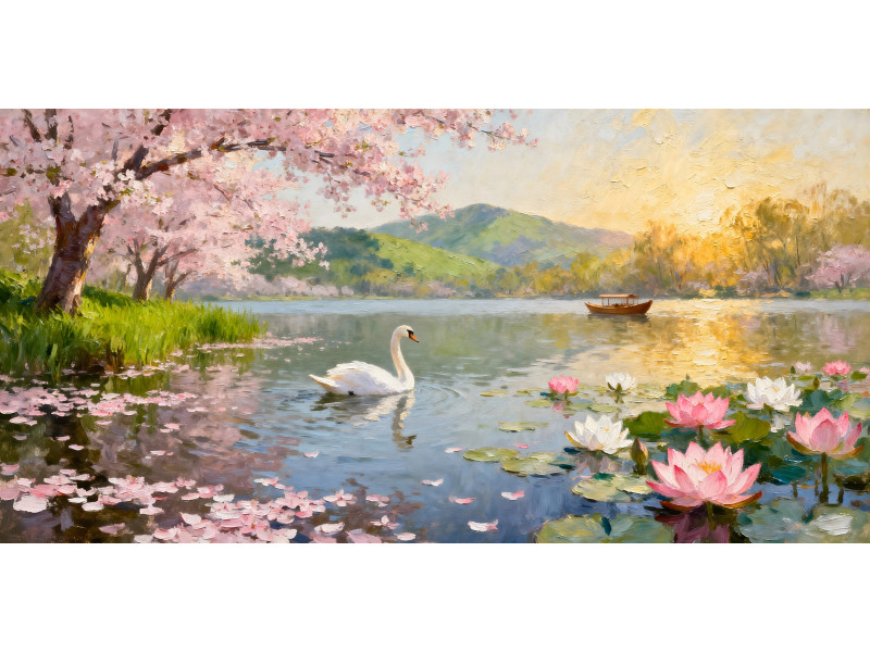 Tablou Canvas Peisaj in japonia, cu lac, munte, sakura 90x40 cm, sasiu de lemn, panza de bumbac 90%, agatatoare invizibila