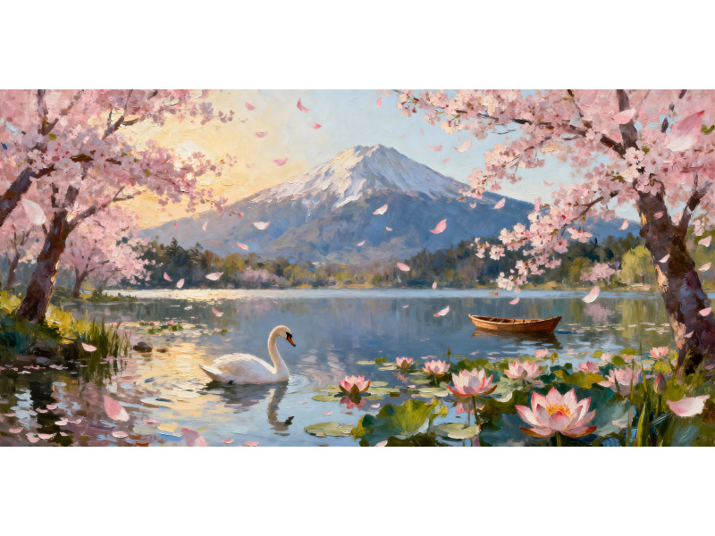 Tablou Canvas Peisaj in japonia 2, cu lac, munte, sakura 90x40 cm, sasiu de lemn, panza de bumbac 90%, agatatoare invizibila Tablou Canvas Peisaj in japonia 2, cu lac, munte, sakura 90x40 cm, sasiu de lemn, panza de bumbac 90%, agatatoare invizibila