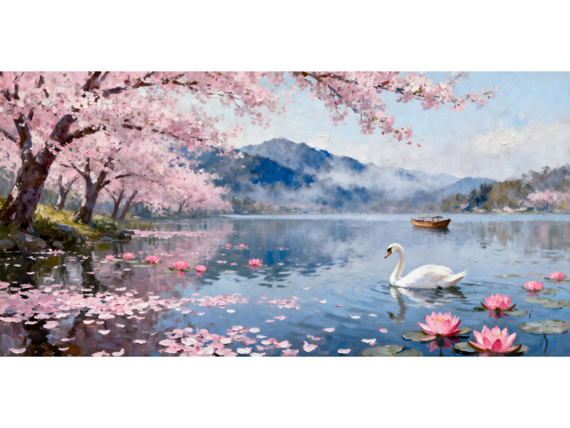 Tablou Canvas Peisaj in japonia 4, cu lac, munte, sakura 90x40 cm, sasiu de lemn, panza de bumbac 90%, agatatoare invizibila Tablou Canvas Peisaj in japonia 4, cu lac, munte, sakura 90x40 cm, sasiu de lemn, panza de bumbac 90%, agatatoare invizibila