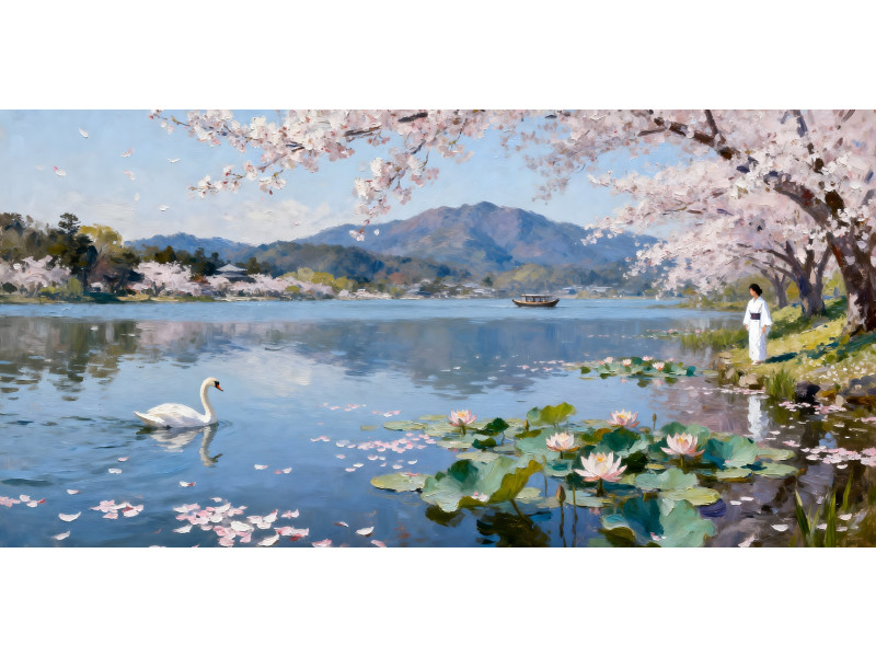 Tablou Canvas Peisaj in japonia 5, cu lac, munte, sakura 90x40 cm, sasiu de lemn, panza de bumbac 90%, agatatoare invizibila