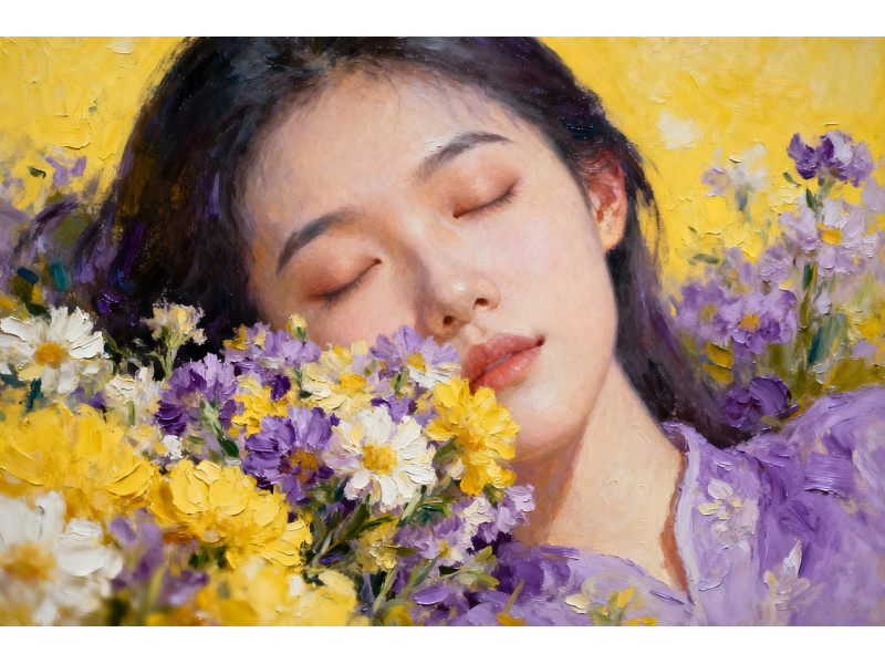 Tablou Canvas Serenitate feminina 3, flori, femeie, 80x50 cm, sasiu de lemn, panza de bumbac 90%, agatatoare invizibila