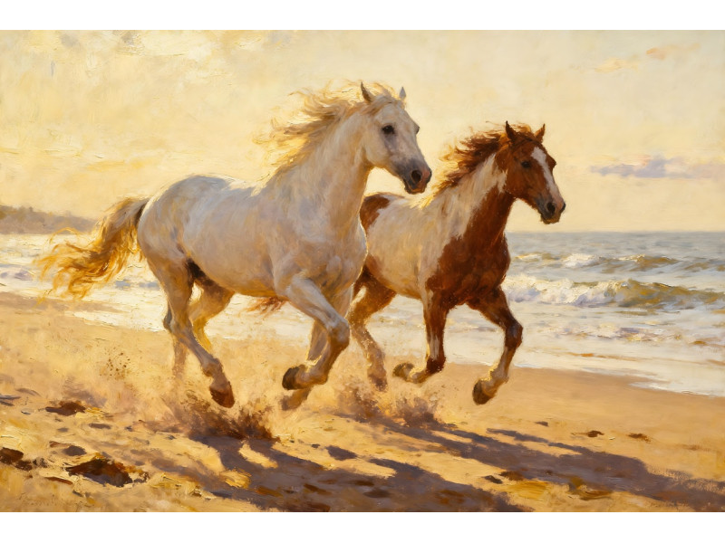 Tablou Canvas Cai alergand pe coasta, mare, print stil pictura, 80x50 cm, sasiu de lemn, panza de bumbac 90%, agatatoare invizibila