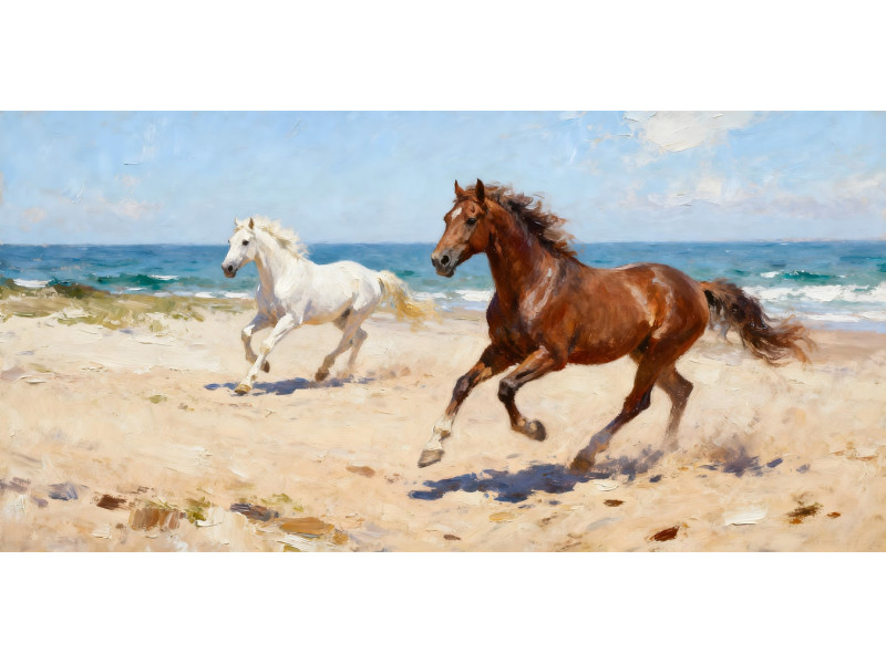 Tablou Canvas Cai alergand pe coasta 2, mare, print stil pictura, 90x40 cm, sasiu de lemn, panza de bumbac 90%, agatatoare invizibila Tablou Canvas Cai alergand pe coasta 2, mare, print stil pictura, 90x40 cm, sasiu de lemn, panza de bumbac 90%, agatatoare invizibila