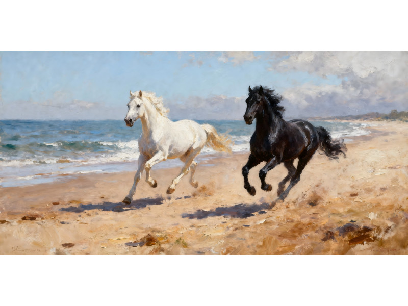 Tablou Canvas Cai alergand pe coasta 3, mare, print stil pictura, 90x40 cm, sasiu de lemn, panza de bumbac 90%, agatatoare invizibila Tablou Canvas Cai alergand pe coasta 3, mare, print stil pictura, 90x40 cm, sasiu de lemn, panza de bumbac 90%, agatatoare invizibila